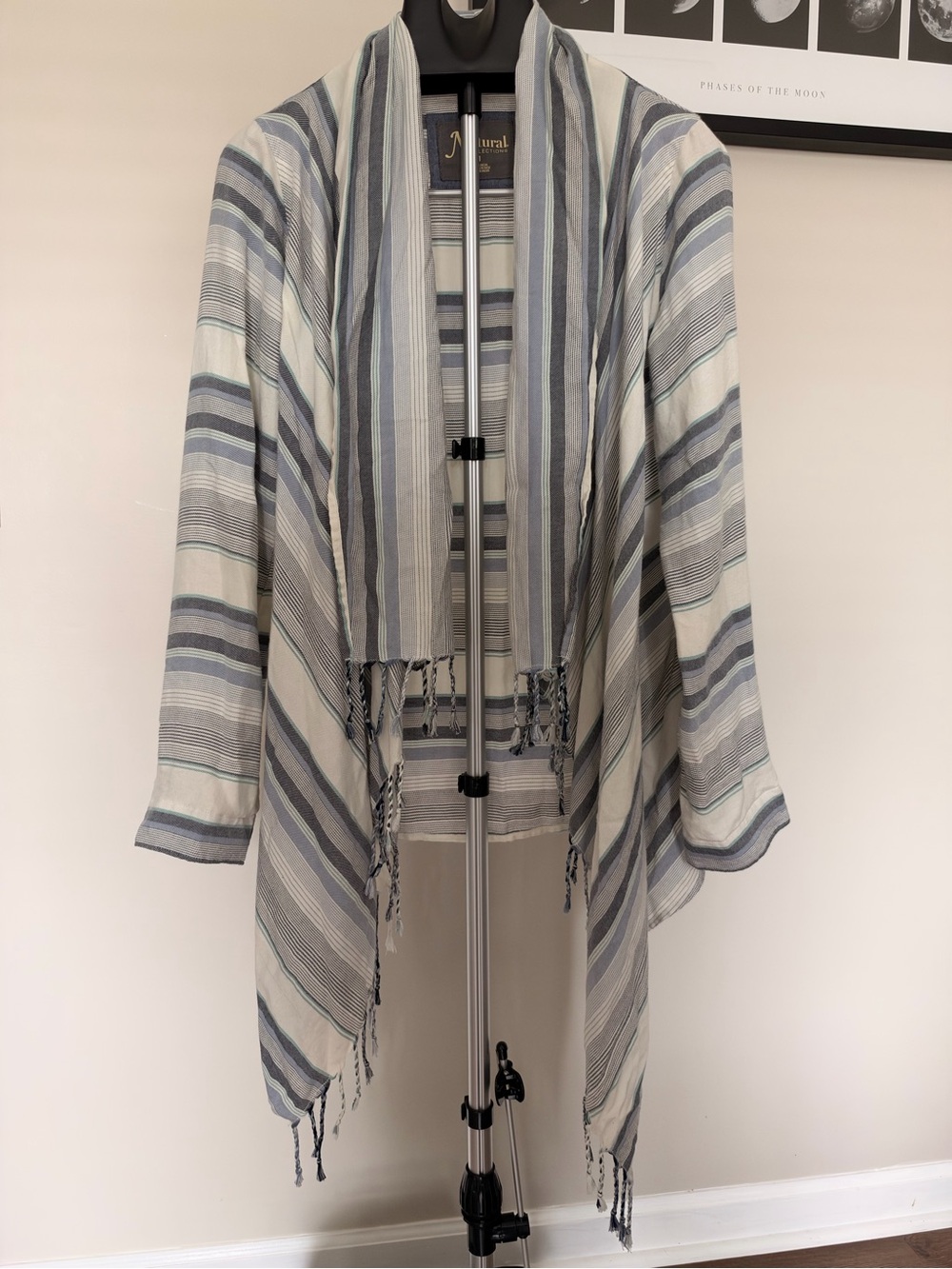 Light Gray & White Striped Open Front Women's Sweater Cardigan -Kimono M